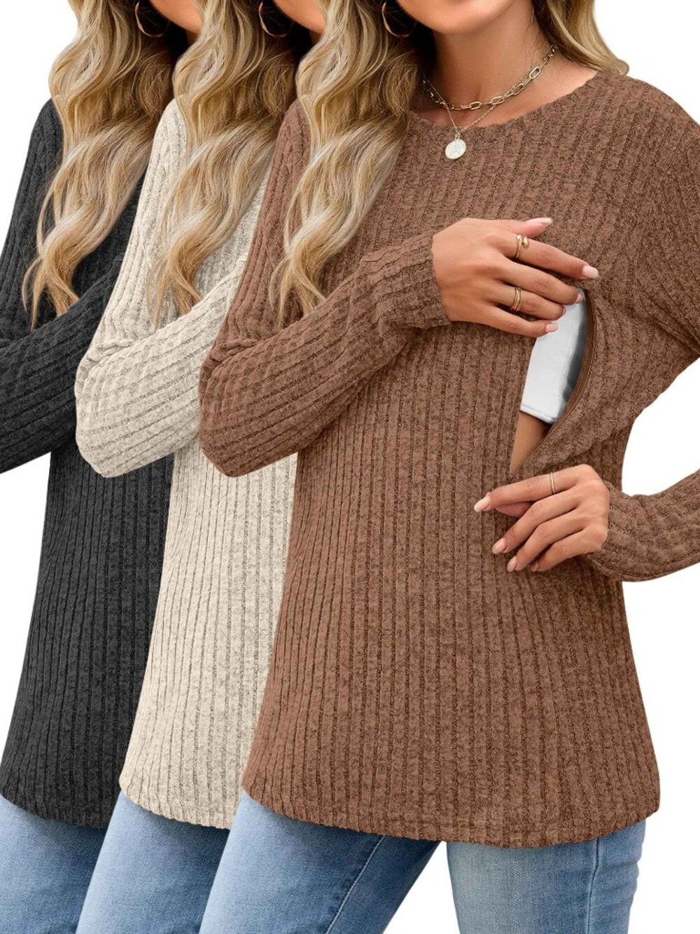 Nursing Tops Breastfeeding Ribbed Sweaters N8347